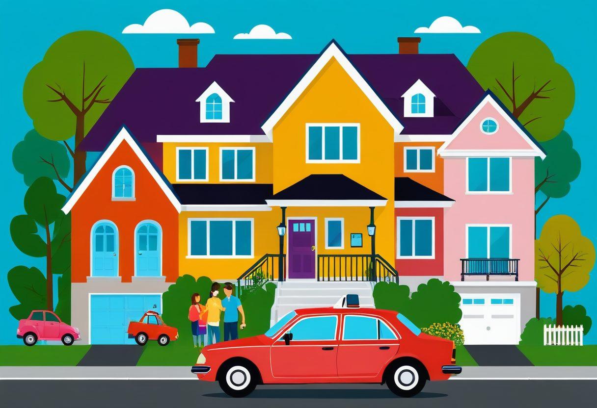A visually engaging collage of a happy family beside a car, with a lock symbol representing 'unlocking secrets' and various insurance-related icons like a shield and a checkmark. The background features a peaceful suburban setting, symbolizing safety and affordability. Include symbols of 24/7 assistance like a clock and a phone. The overall tone is warm and inviting, showcasing accessibility to insurance for all. vibrant colors. vector art.
