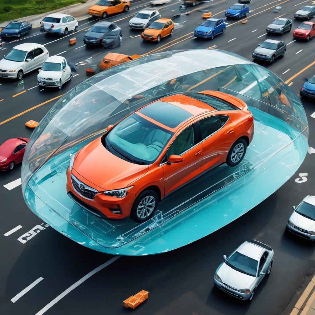 A creative collage showcasing various aspects of auto insurance: an illustrated car with a transparent shield representing coverage, floating dollar signs symbolizing estimates, and a checklist of coverage options. In the background, subtle imagery of a cityscape and roads to signify everyday driving, with vibrant colors highlighting each element. dynamic composition. super-realistic. vibrant colors.